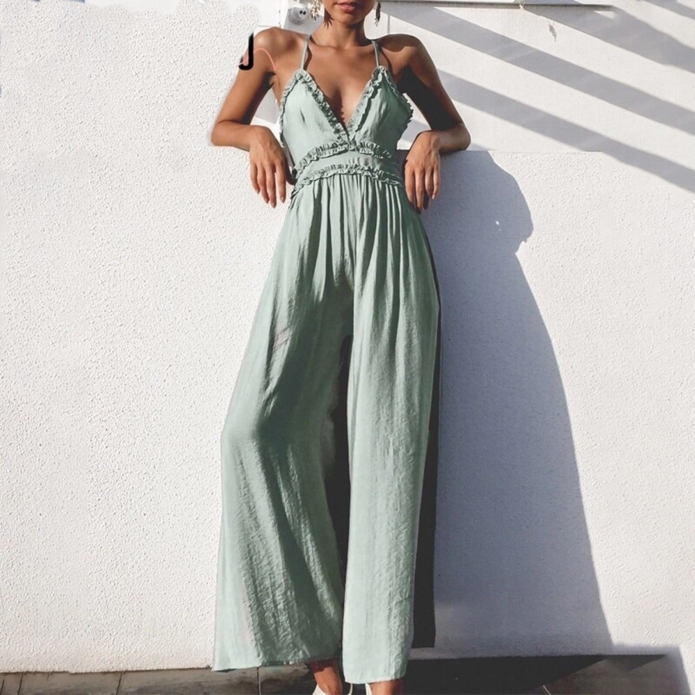 Chic Wide leg pants green ruffled jumpsuit summer - Picture 6 of 6